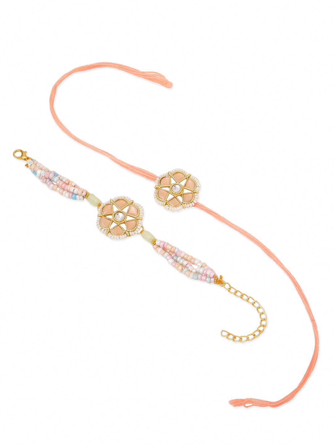 NVR Set of 2 Peach Color Artificial Stones & Pearls Bhaiya Bhabhi Rakhi With Roli Chawal Chandan & Mishri