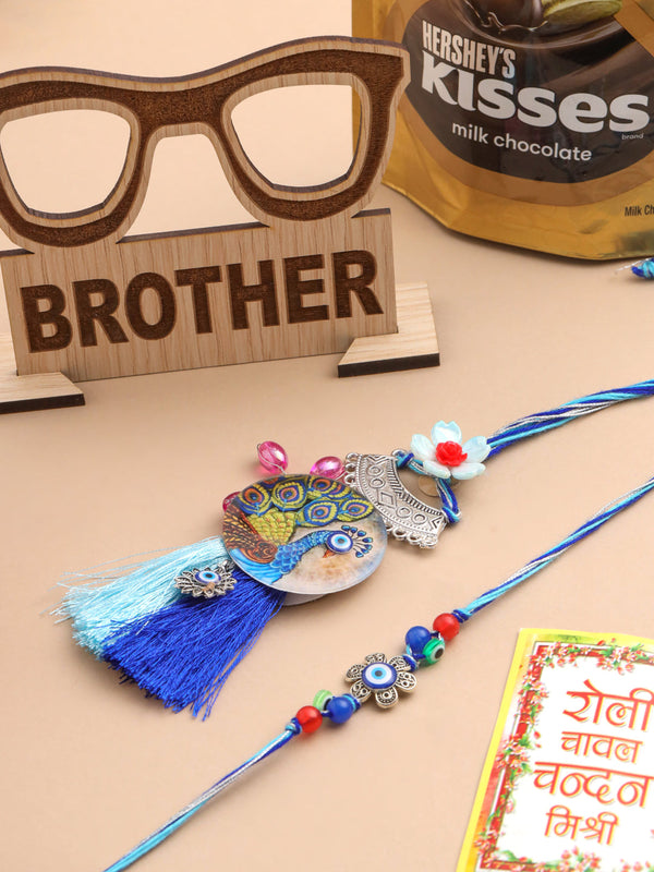 NVR Set of 2 Blue Evil Eye & Peacock Design Artificial Beads Bhaiya Bhabhi Rakhi Combo