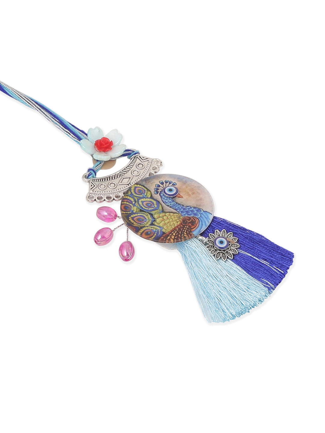 NVR Set of 2 Blue Evil Eye & Peacock Design Artificial Beads Bhaiya Bhabhi Rakhi Combo