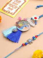 Thumbnail for NVR Set of 2 Blue Evil Eye & Peacock Design Artificial Beads Bhaiya Bhabhi Rakhi With Roli Chawal Chandan & Mishri