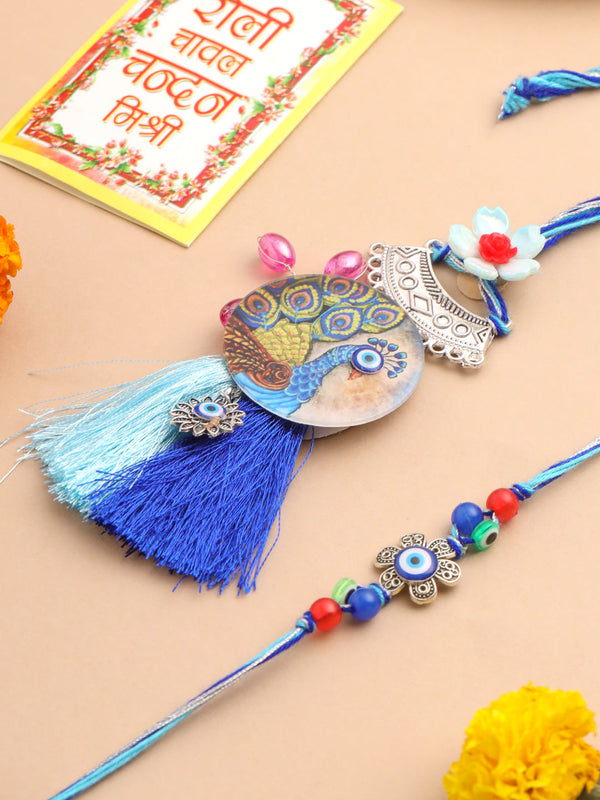 NVR Set of 2 Blue Evil Eye & Peacock Design Artificial Beads Bhaiya Bhabhi Rakhi With Roli Chawal Chandan & Mishri