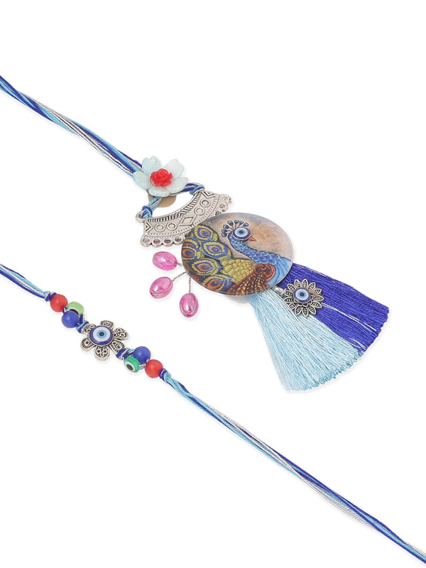 NVR Set of 2 Blue Evil Eye & Peacock Design Artificial Beads Bhaiya Bhabhi Rakhi With Roli Chawal Chandan & Mishri