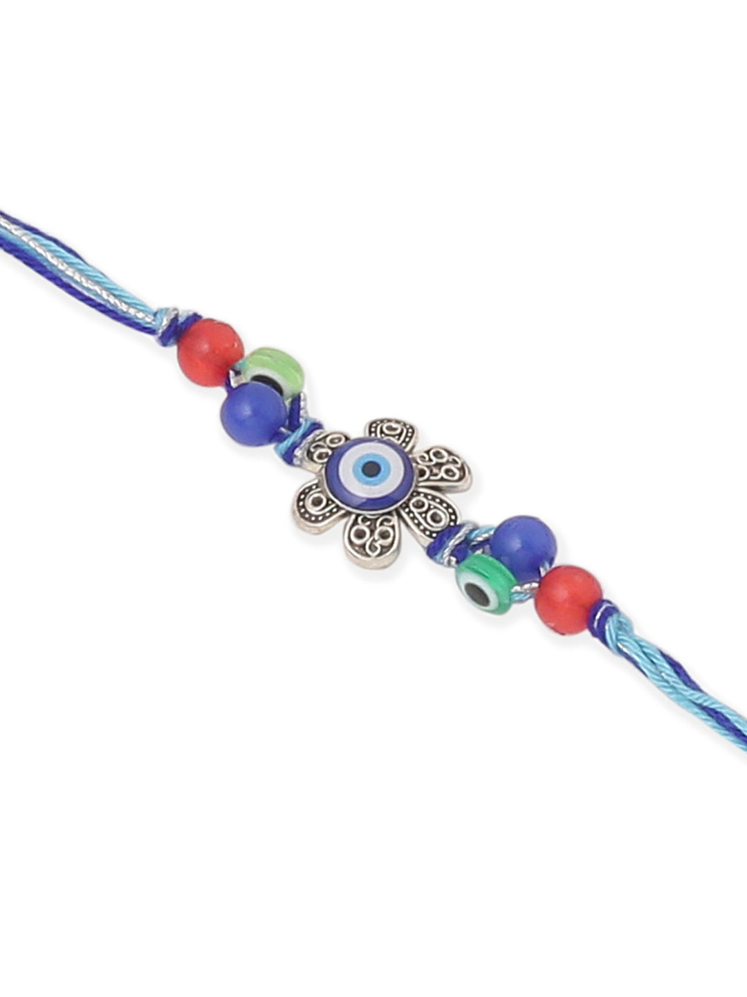 NVR Set of 2 Blue Evil Eye & Peacock Design Artificial Beads Bhaiya Bhabhi Rakhi With Roli Chawal Chandan & Mishri
