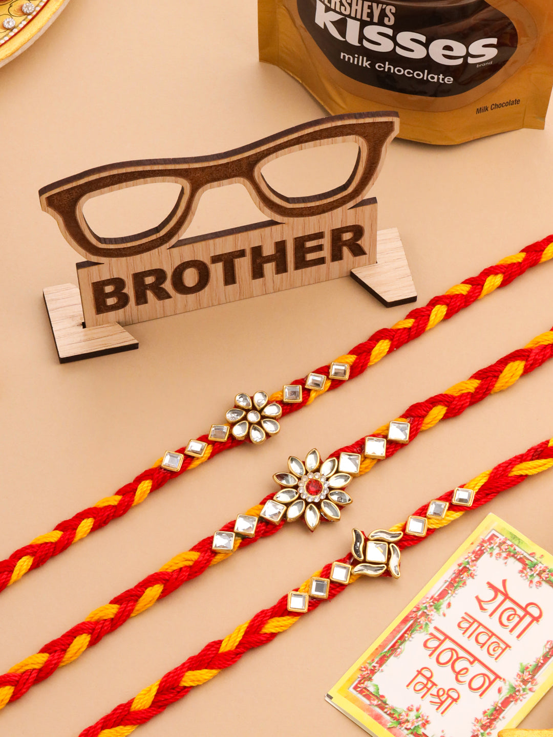 NVR Men Set of 3 Red & Yellow Kundan Studded Floral Design Thread Rakhi Combo - Distacart