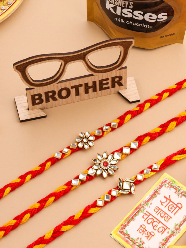 NVR Men Set of 3 Red & Yellow Kundan Studded Floral Design Thread Rakhi Combo