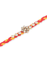 Thumbnail for NVR Men Set of 3 Red & Yellow Kundan Studded Floral Design Thread Rakhi Combo