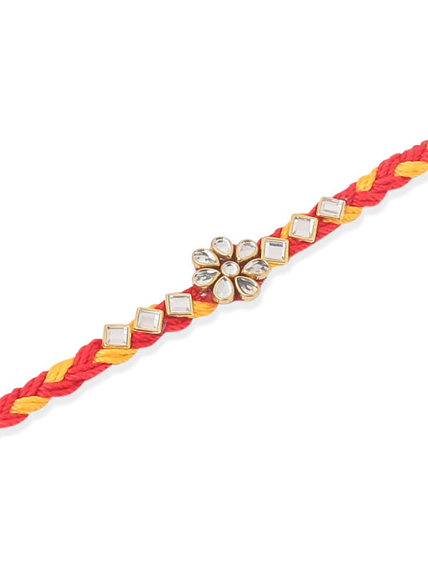 NVR Men Set of 3 Red & Yellow Kundan Studded Floral Design Thread Rakhi Combo