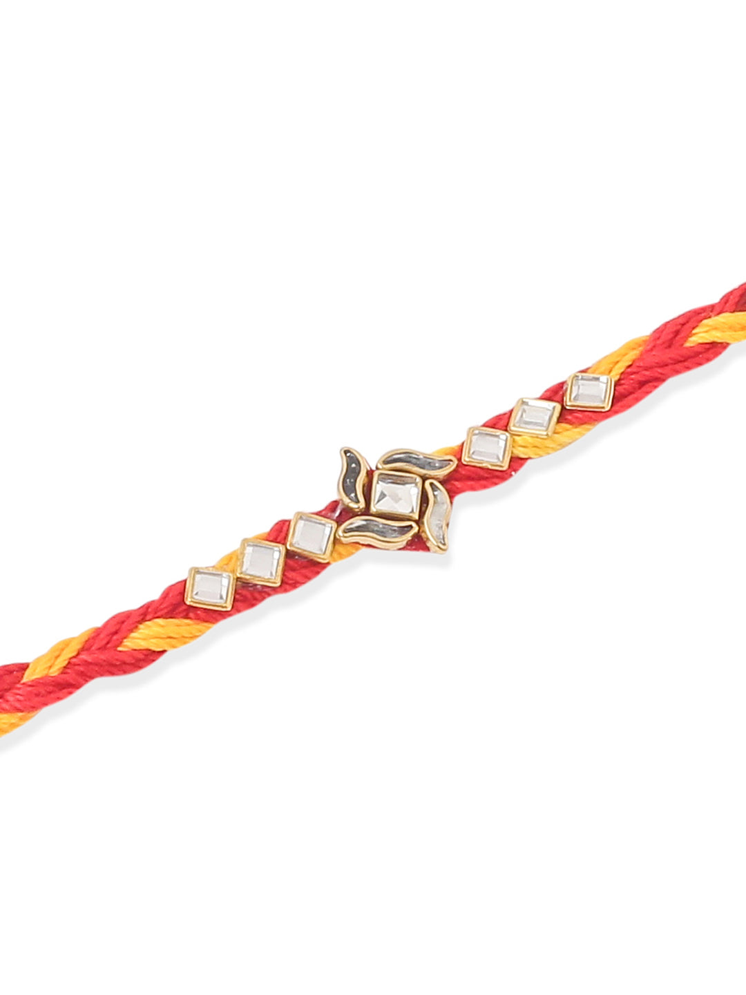 NVR Men Set of 3 Red & Yellow Kundan Studded Floral Design Thread Rakhi Combo