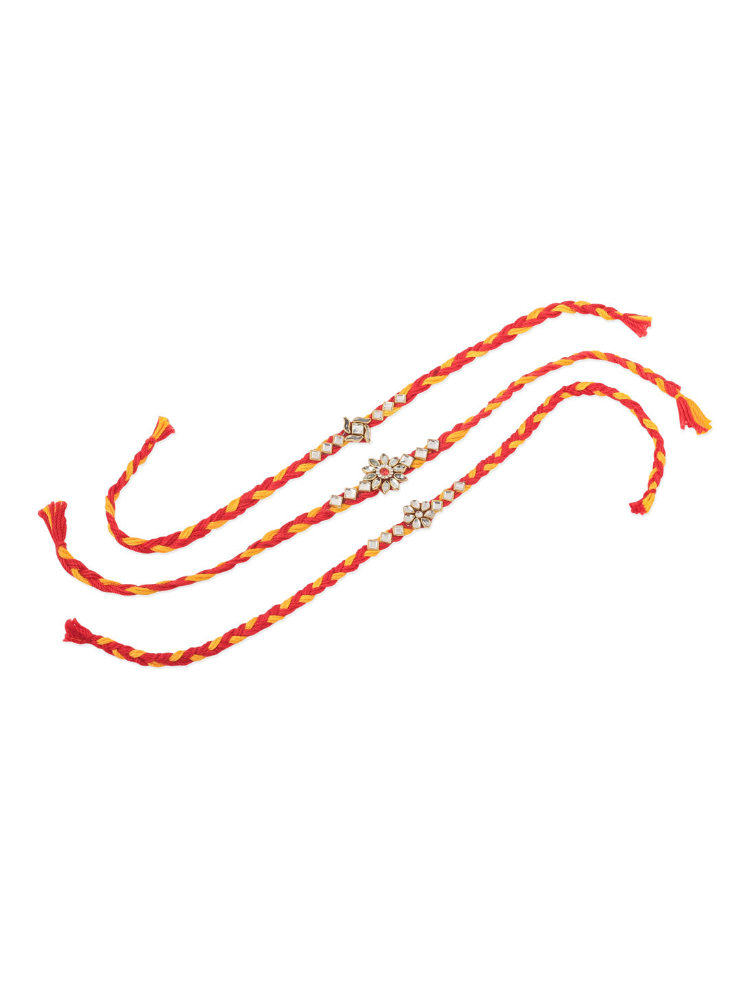 NVR Men Set of 3 Red & Yellow Kundan Studded Floral Design Thread Rakhi Combo