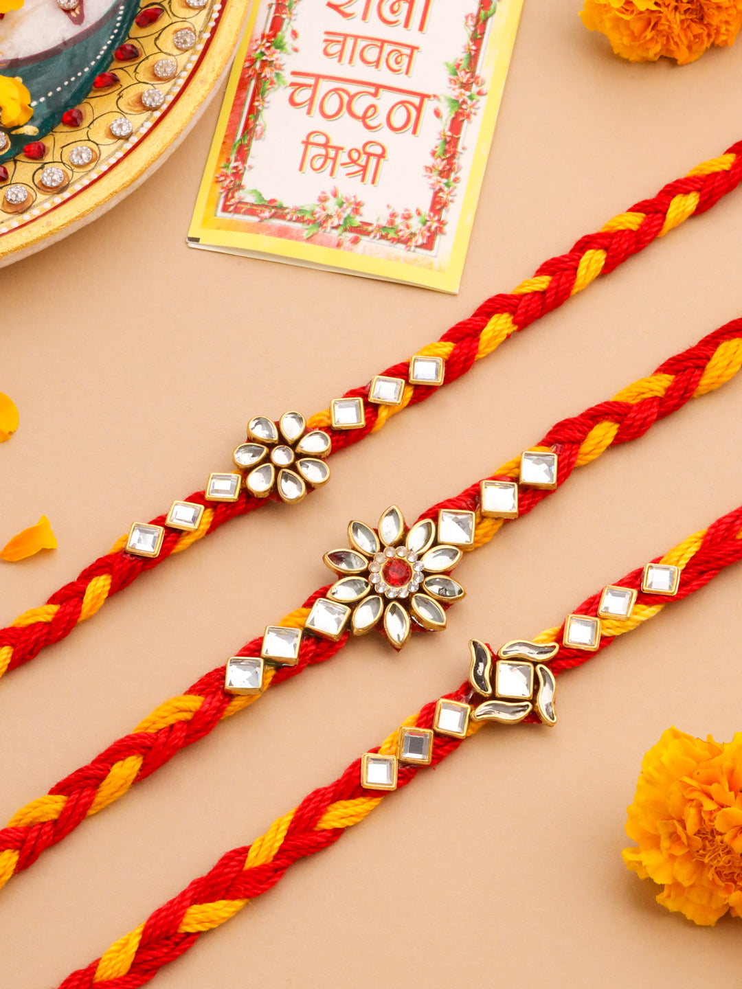 NVR Men Set of 3 Red & Yellow Kundan Studded Floral Design Thread Rakhi with Roli Chawal Chandan & Mishri - Distacart