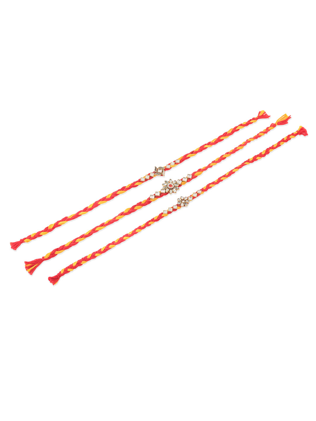 NVR Men Set of 3 Red & Yellow Kundan Studded Floral Design Thread Rakhi with Roli Chawal Chandan & Mishri