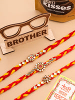 Thumbnail for NVR Men Set of 3 Red & Yellow Kundan Studded Floral Design Thread Rakhi Combo