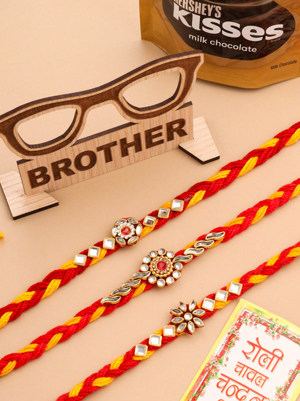 NVR Men Set of 3 Red & Yellow Kundan Studded Floral Design Thread Rakhi Combo