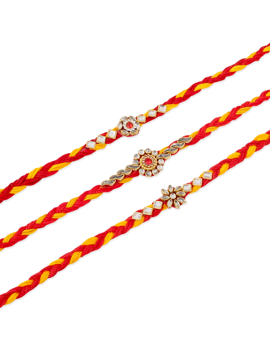 NVR Men Set of 3 Red & Yellow Kundan Studded Floral Design Thread Rakhi Combo