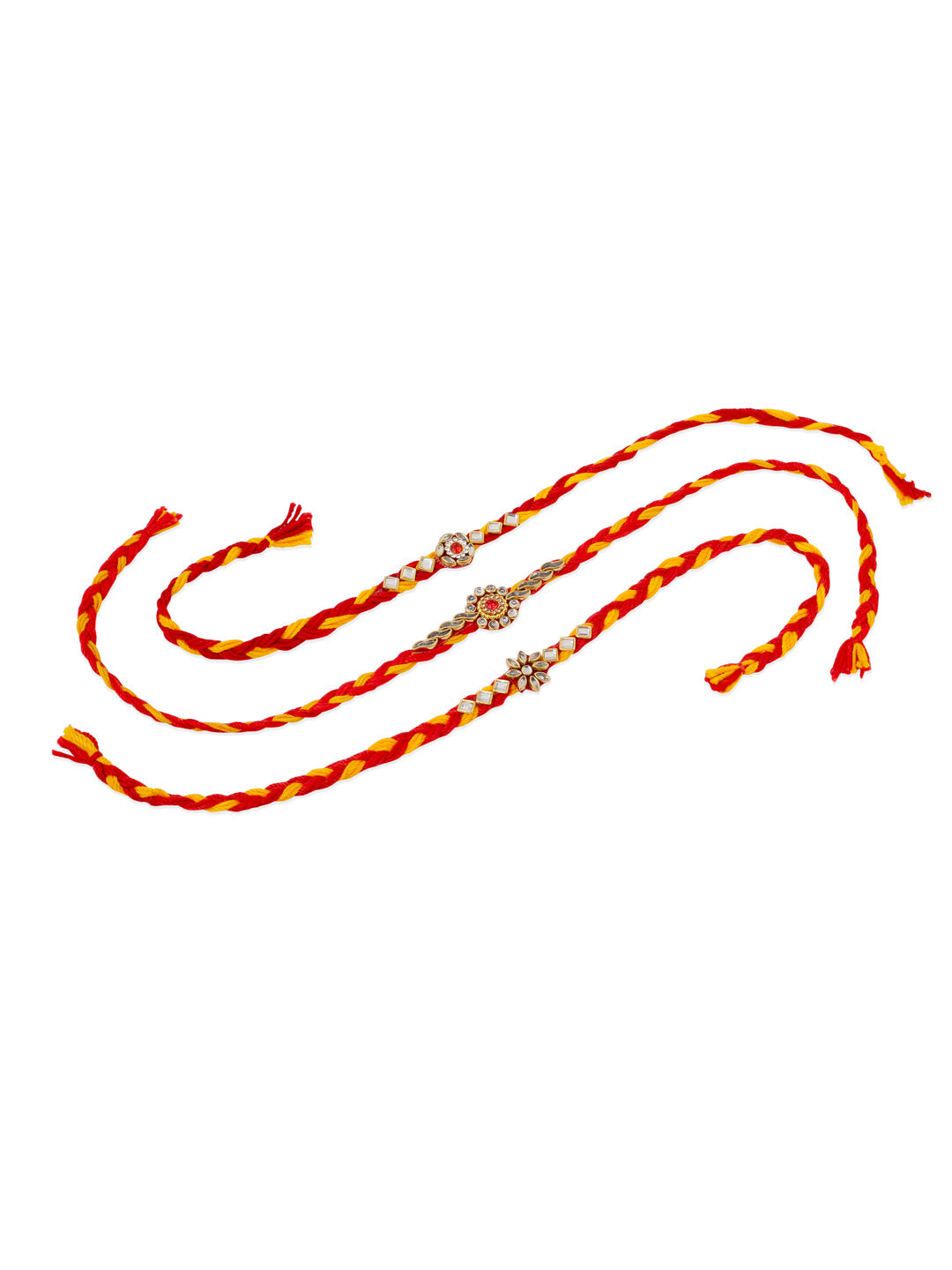 NVR Men Set of 3 Red & Yellow Kundan Studded Floral Design Thread Rakhi Combo