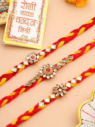 NVR Men Set of 3 Red & Yellow Kundan Studded Floral Design Thread Rakhi with Roli Chawal Chandan & Mishri - Distacart