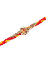 Thumbnail for NVR Men Set of 3 Red & Yellow Kundan Studded Floral Design Thread Rakhi with Roli Chawal Chandan & Mishri