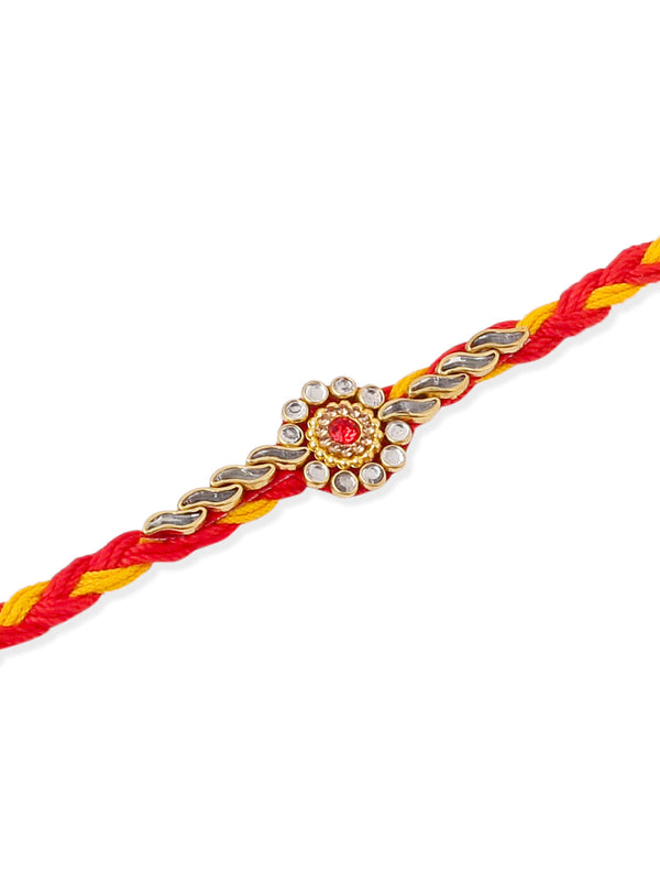 NVR Men Set of 3 Red & Yellow Kundan Studded Floral Design Thread Rakhi with Roli Chawal Chandan & Mishri