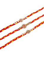 Thumbnail for NVR Men Set of 3 Red & Yellow Kundan Studded Floral Design Thread Rakhi with Roli Chawal Chandan & Mishri