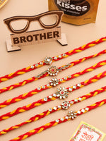 Thumbnail for NVR Men Set of 6 Red & Yellow Kundan Studded Floral Design Thread Rakhi Combo
