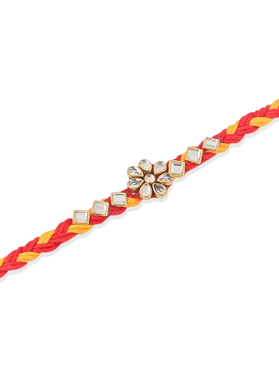NVR Men Set of 6 Red & Yellow Kundan Studded Floral Design Thread Rakhi Combo
