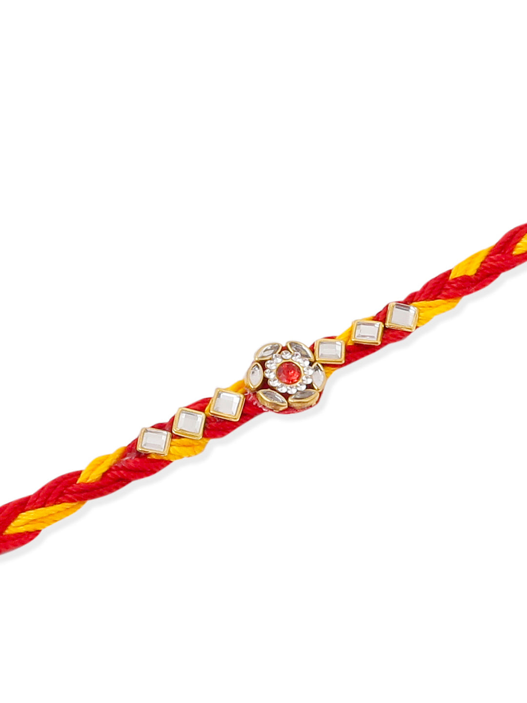 NVR Men Set of 6 Red & Yellow Kundan Studded Floral Design Thread Rakhi Combo