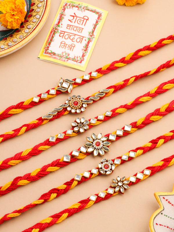 NVR Men Set of 6 Red & Yellow Kundan Studded Floral Design Thread Rakhi with Roli Chawal Chandan & Mishri