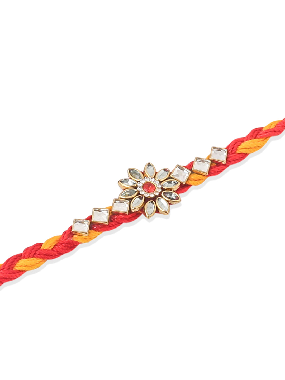 NVR Men Set of 6 Red & Yellow Kundan Studded Floral Design Thread Rakhi with Roli Chawal Chandan & Mishri - Distacart