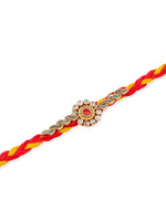 Thumbnail for NVR Men Set of 6 Red & Yellow Kundan Studded Floral Design Thread Rakhi with Roli Chawal Chandan & Mishri