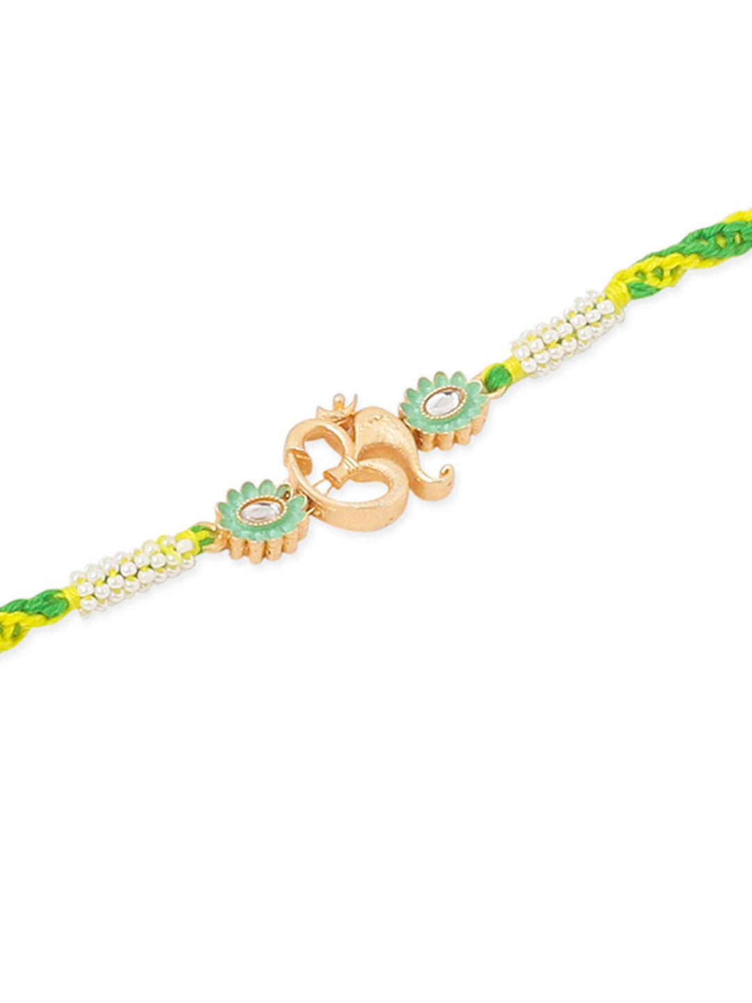NVR Men Green Kundan Studded Om Design Thread Rakhi with Roli Chawal Chandan & Mishri - Distacart