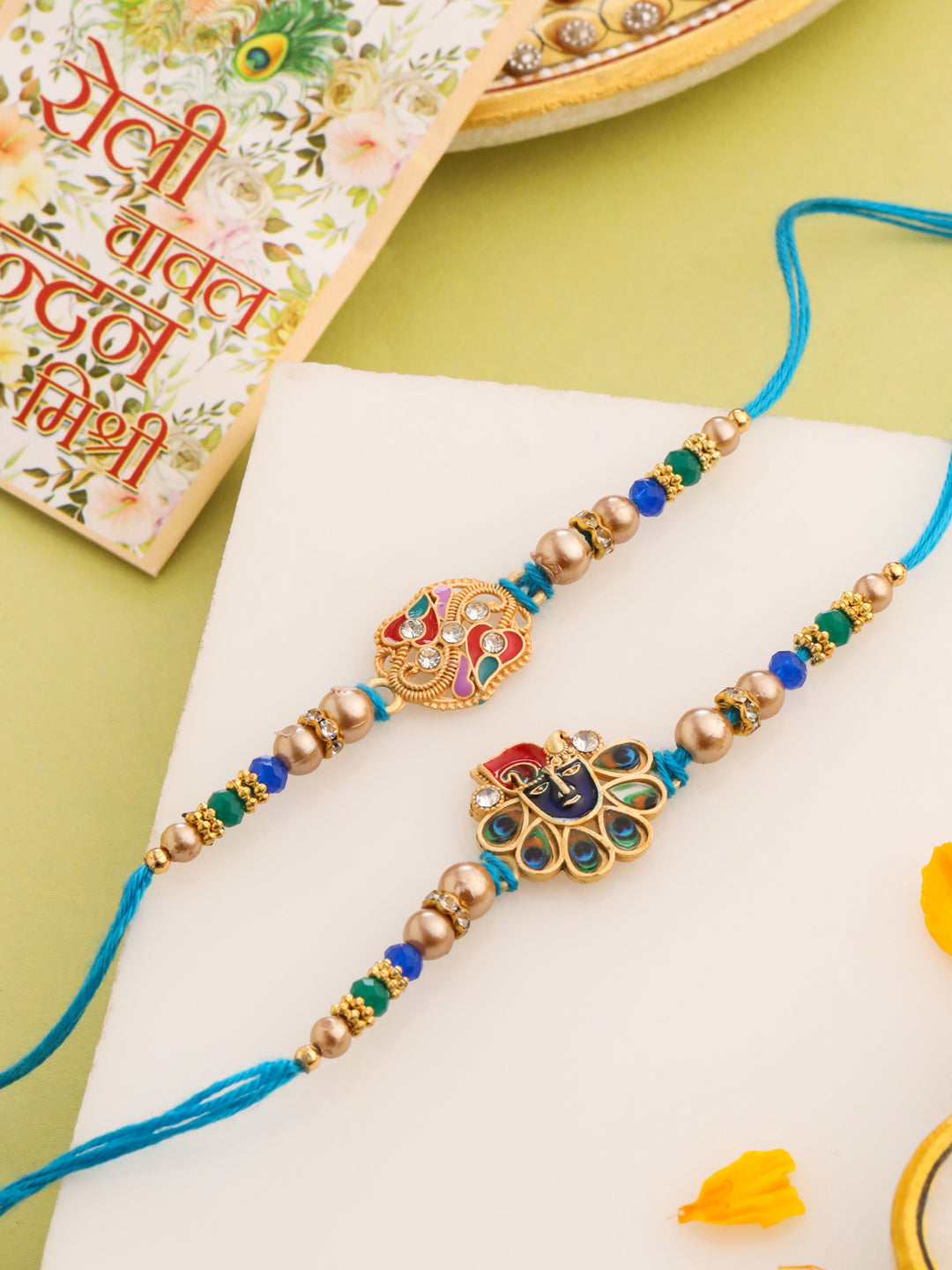 NVR Men Set of 2 Blue Artificial Stones & Beads Thread Rakhi with Roli Chawal Chandan & Mishri - Distacart