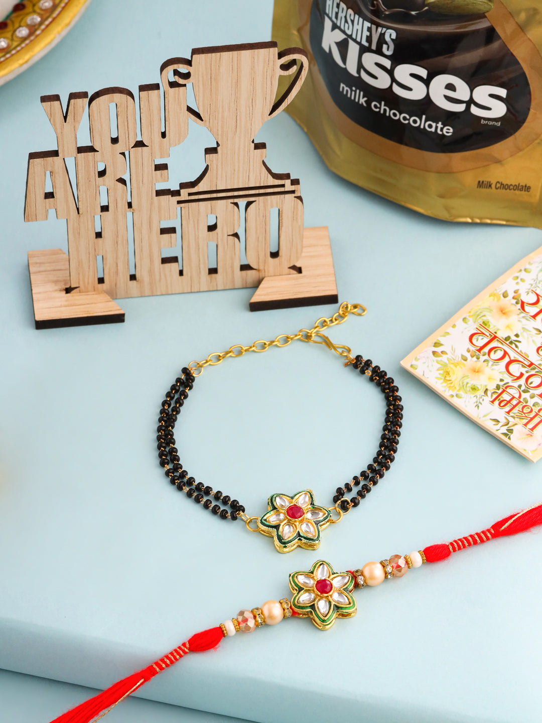 NVR Set of 2 Gold Toned Kundan Studded Floral Shape Bhaiya Bhabhi Rakhi Combo - Distacart