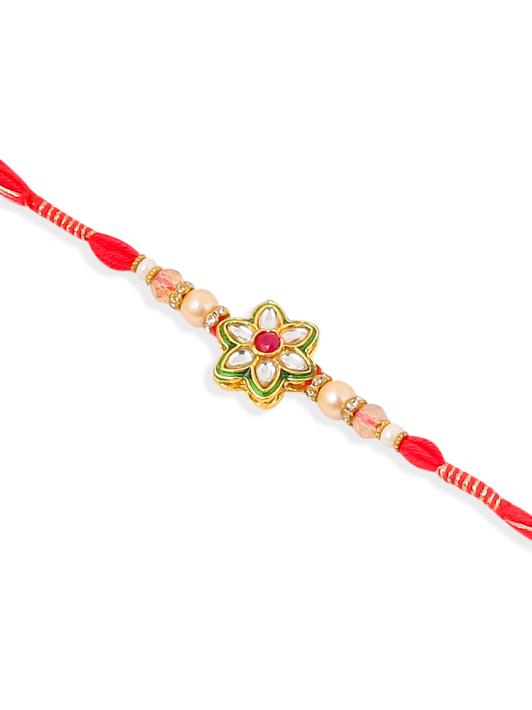 NVR Set of 2 Gold Toned Kundan Studded Floral Shape Bhaiya Bhabhi Rakhi Combo
