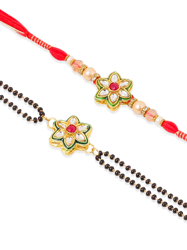 NVR Set of 2 Gold Toned Kundan Studded Floral Shape Bhaiya Bhabhi Rakhi with Roli Chawal Chandan & Mishri