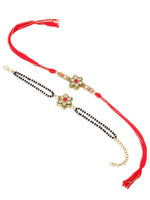 Thumbnail for NVR Set of 2 Gold Toned Kundan Studded Floral Shape Bhaiya Bhabhi Rakhi with Roli Chawal Chandan & Mishri