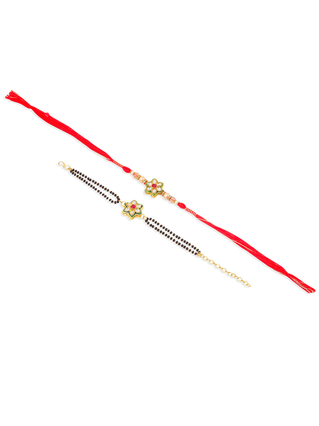 NVR Set of 2 Gold Toned Kundan Studded Floral Shape Bhaiya Bhabhi Rakhi with Roli Chawal Chandan & Mishri