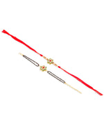 Thumbnail for NVR Set of 2 Gold Toned Kundan Studded Floral Shape Bhaiya Bhabhi Rakhi with Roli Chawal Chandan & Mishri