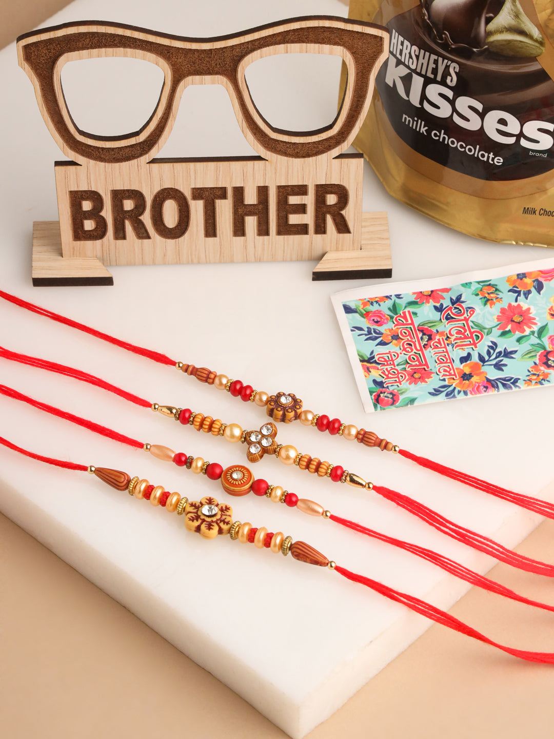 NVR Men Set of 4 Red Artificial Stones & Beads Floral Shape Thread Rakhi Combo - Distacart