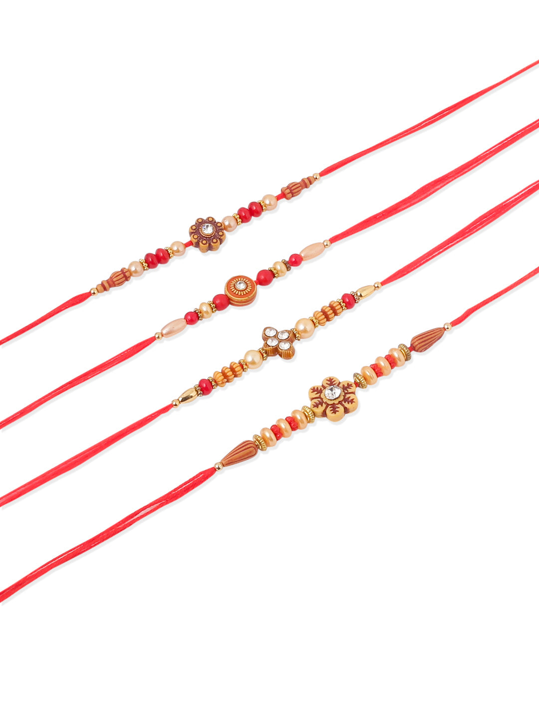NVR Men Set of 4 Red Artificial Stones & Beads Floral Shape Thread Rakhi Combo - Distacart
