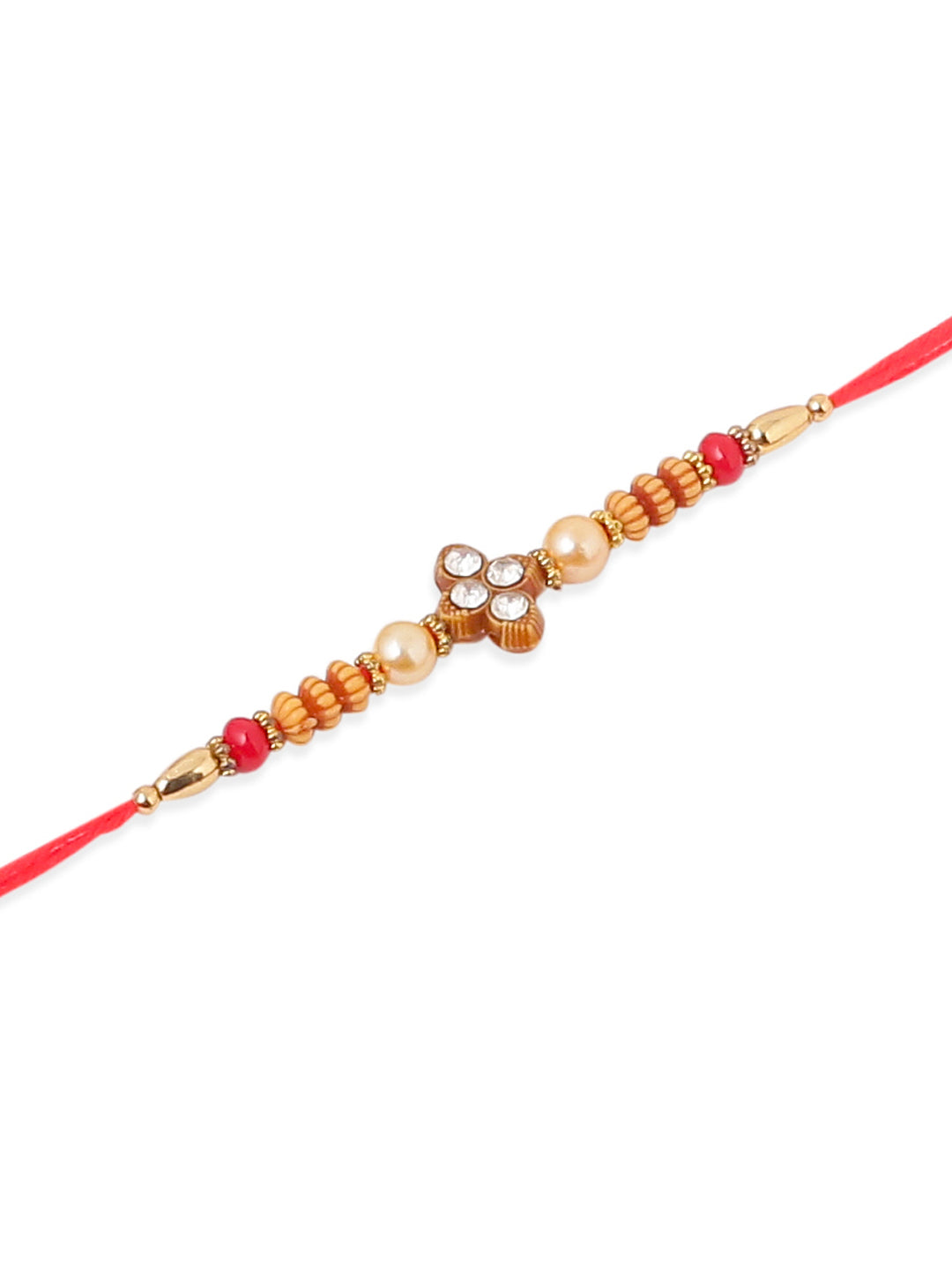 NVR Men Set of 4 Red Artificial Stones & Beads Floral Shape Thread Rakhi with Roli Chawal Chandan & Mishri
