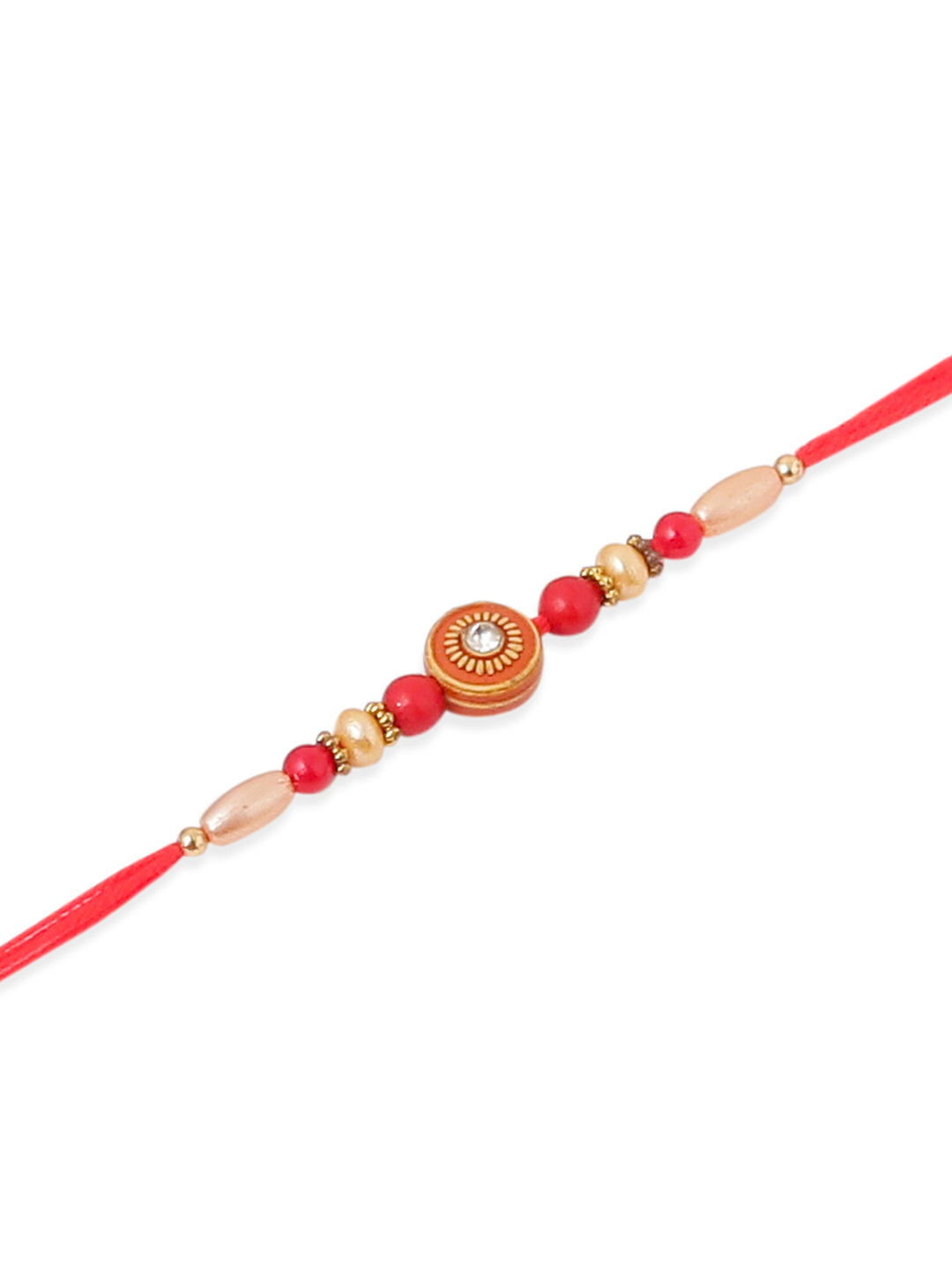 NVR Men Set of 4 Red Artificial Stones & Beads Floral Shape Thread Rakhi with Roli Chawal Chandan & Mishri