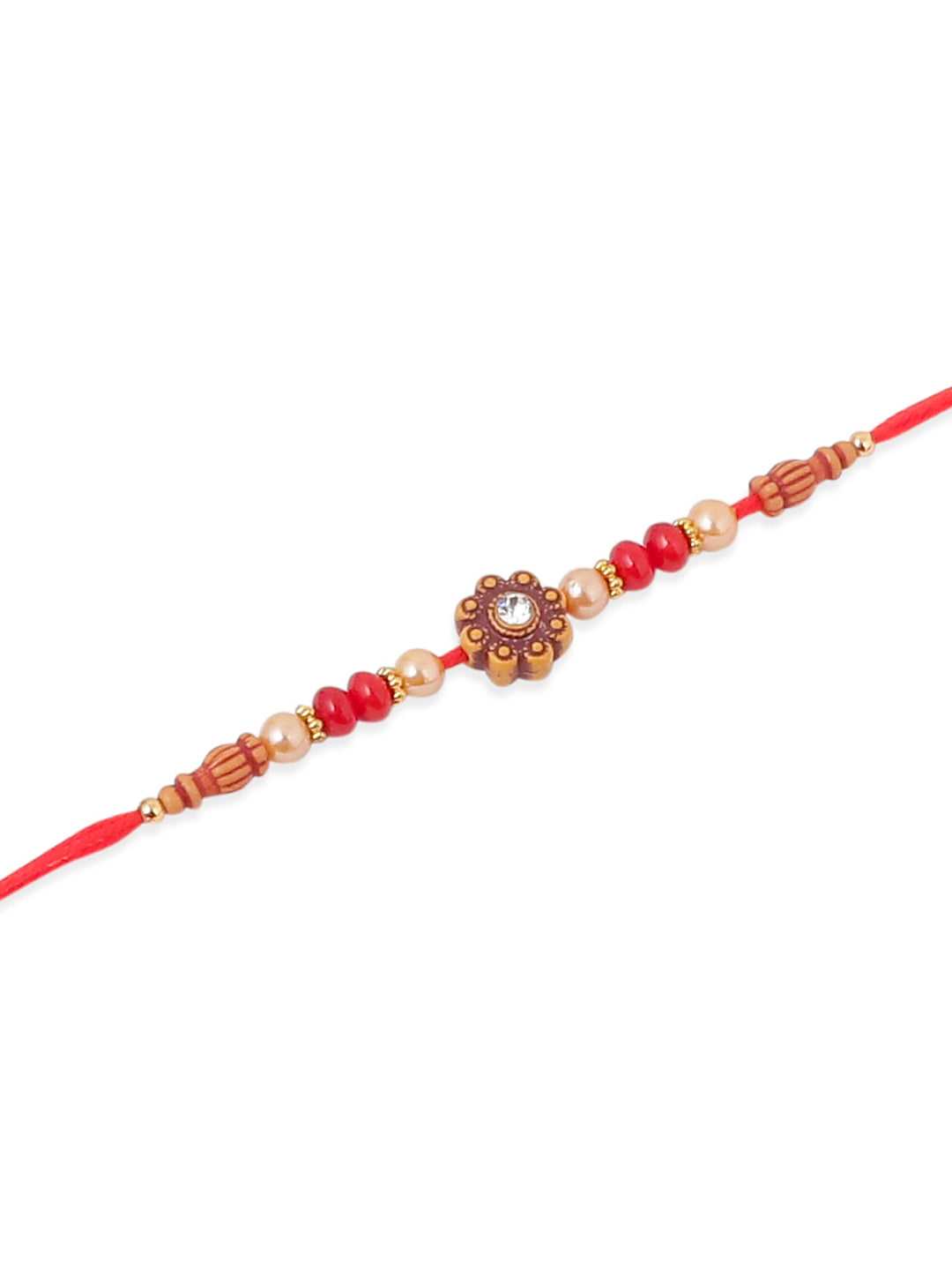 NVR Men Set of 4 Red Artificial Stones & Beads Floral Shape Thread Rakhi with Roli Chawal Chandan & Mishri