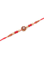 Thumbnail for NVR Men Set of 4 Red Artificial Stones & Beads Floral Shape Thread Rakhi with Roli Chawal Chandan & Mishri