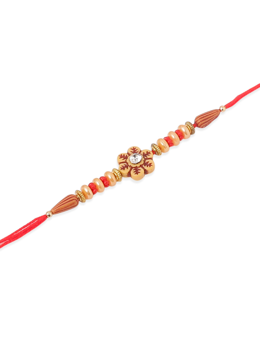 NVR Men Set of 4 Red Artificial Stones & Beads Floral Shape Thread Rakhi with Roli Chawal Chandan & Mishri