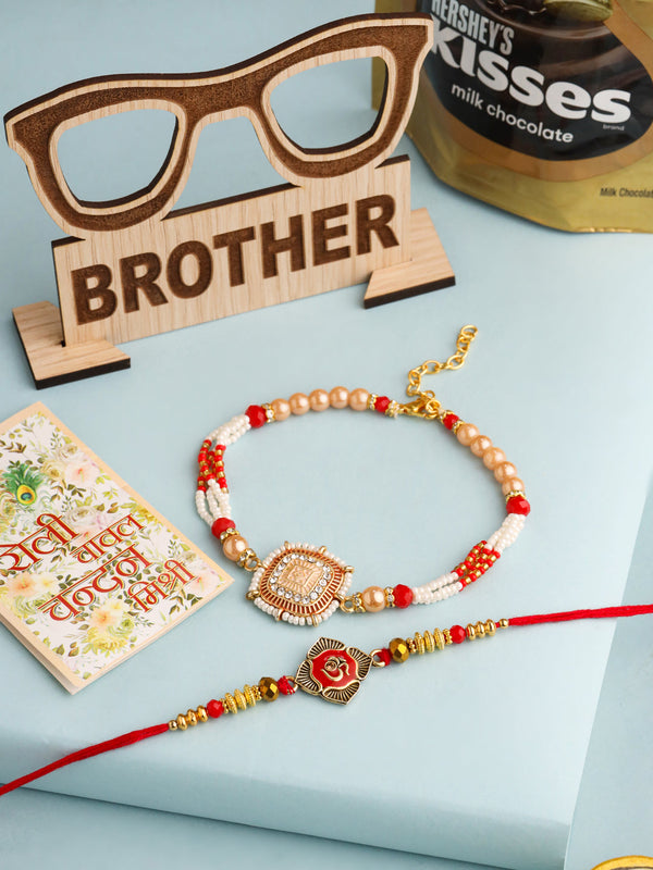 NVR Set of 2 Gold Toned Artificial Stones & Beads Om Design Bhaiya Bhabhi Rakhi Combo