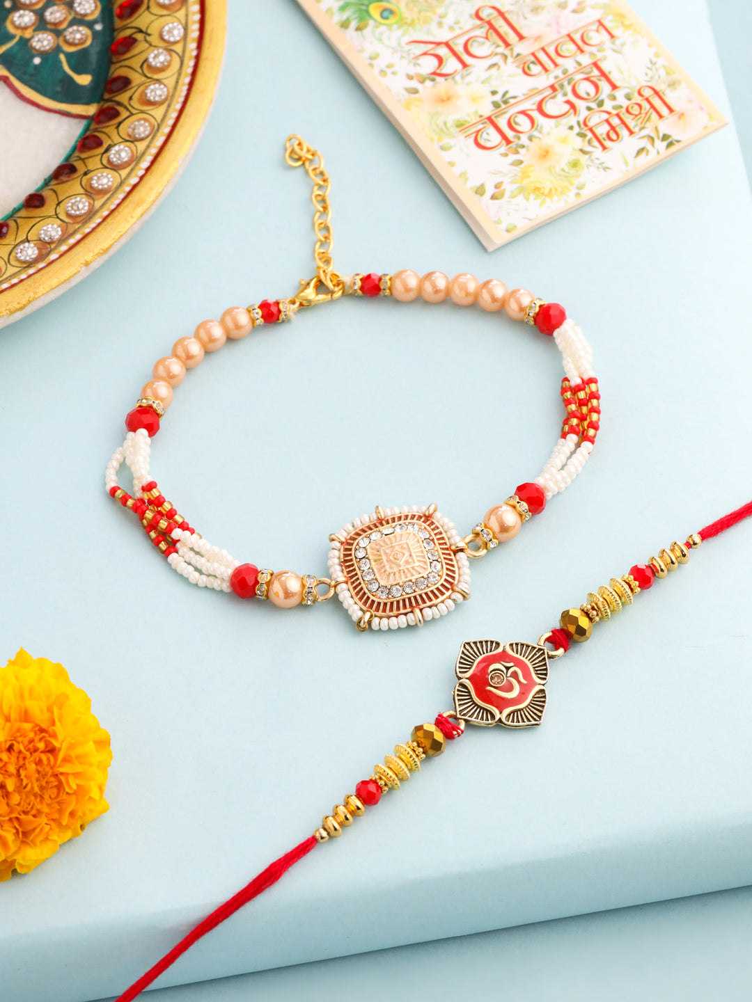 NVR Set of 2 Gold Toned Artificial Stones & Beads Om Design Bhaiya Bhabhi Rakhi with Roli Chawal Chandan & Mishri - Distacart