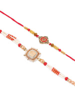 Thumbnail for NVR Set of 2 Gold Toned Artificial Stones & Beads Om Design Bhaiya Bhabhi Rakhi with Roli Chawal Chandan & Mishri