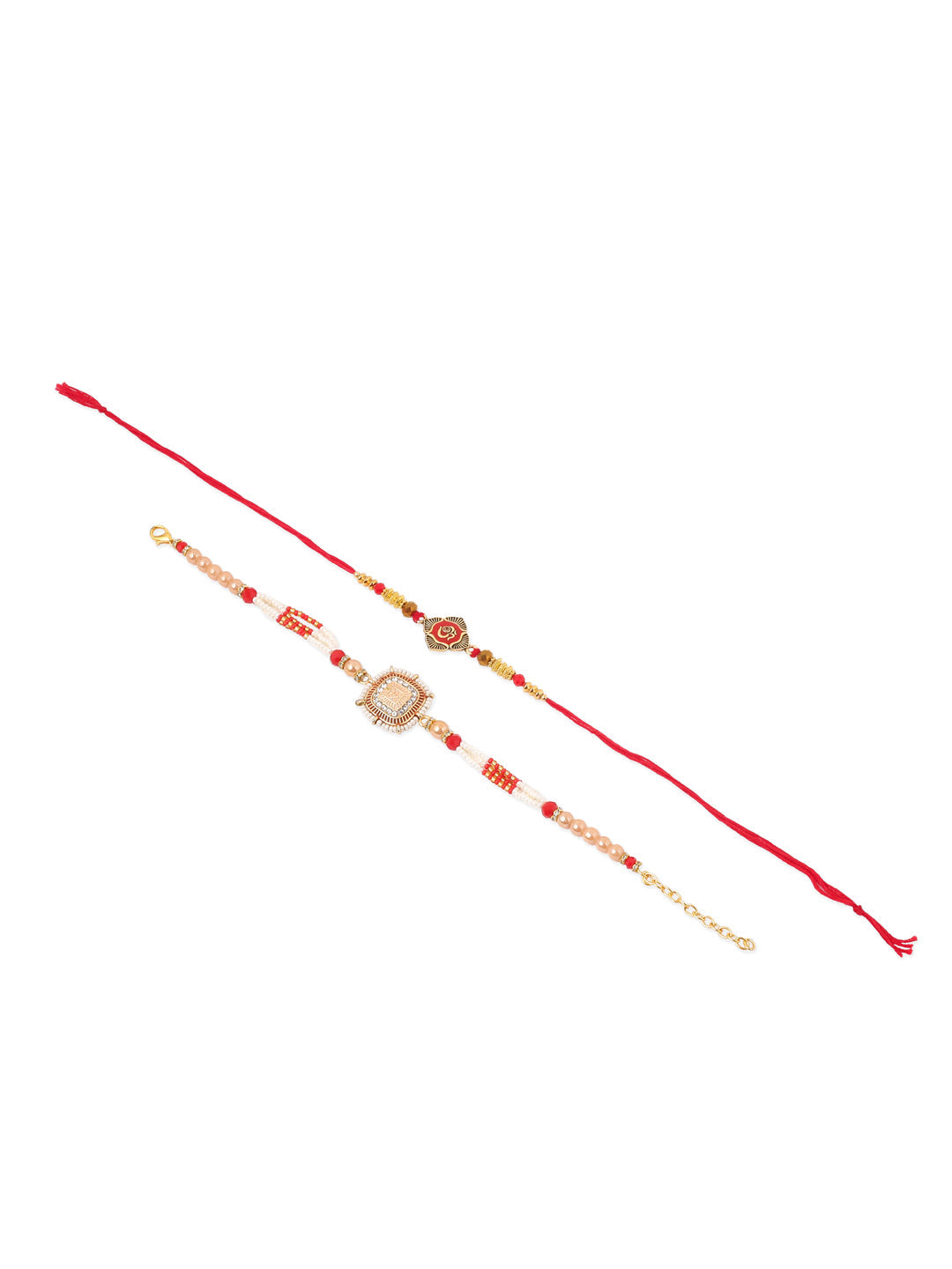 NVR Set of 2 Gold Toned Artificial Stones & Beads Om Design Bhaiya Bhabhi Rakhi with Roli Chawal Chandan & Mishri
