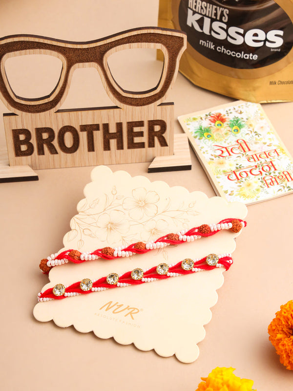 NVR Men Set of 2 Red Artificial Stones & Rudraksh Thread Rakhi, Combo for Rakshabandhan