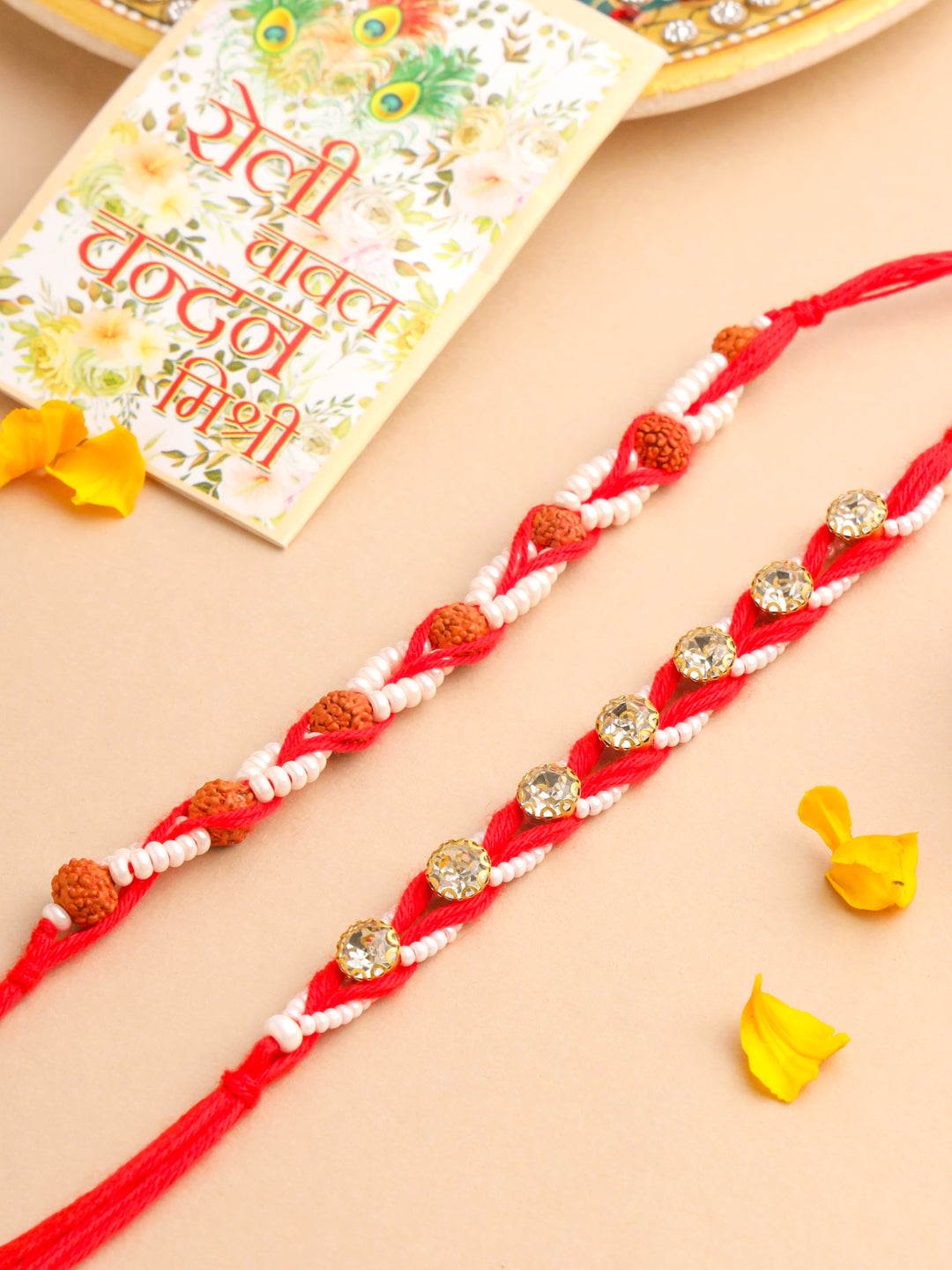 NVR Men Set of 2 Red Artificial Stones & Rudraksh Thread Rakhi with Roli Chawal Chandan & Mishri - Distacart